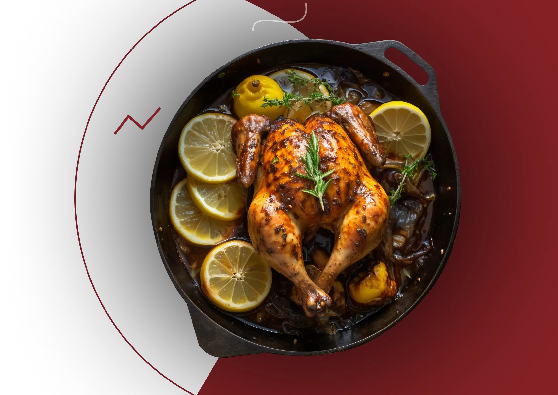 Roasted chicken with lemon in cast iron.